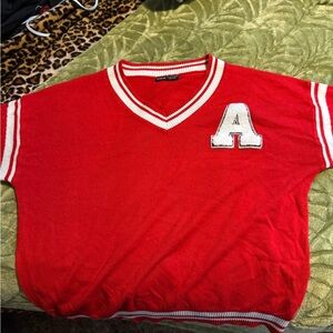 SHEIN Red V-Neck Sweater with White Accents